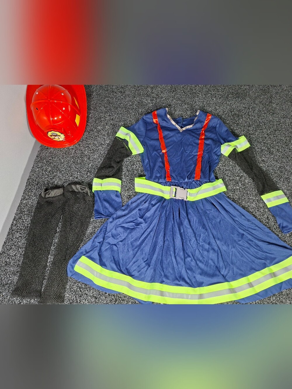 Girls XL Halloween Costume Navy Blue Firefighter Dress with Reflective Stripes
